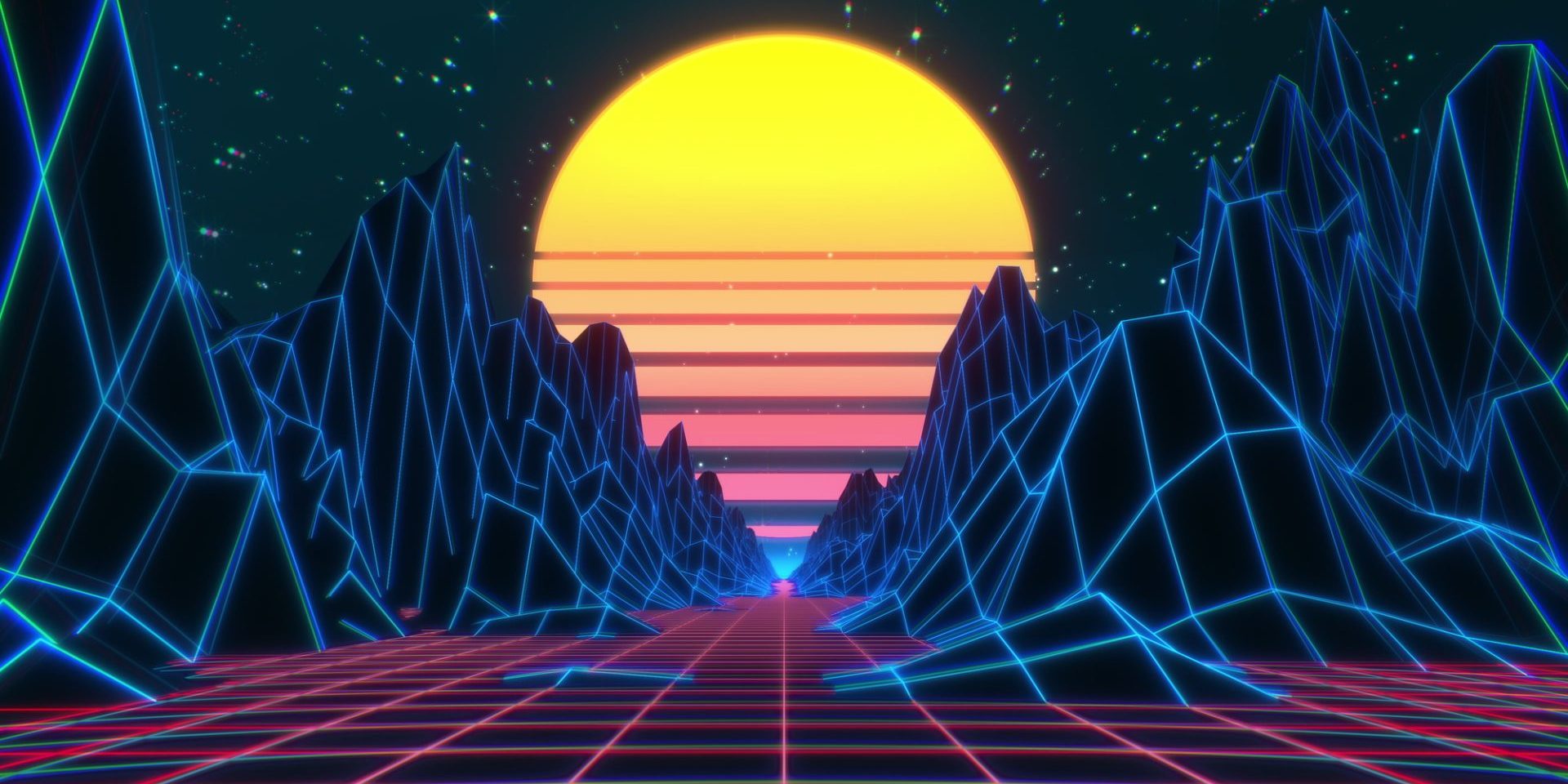 80s retro futuristic sci-fi background. Retrowave VJ videogame landscape with neon lights and low poly terrain. Stylized vintage cyberpunk 3D illustration with mountains, sun and glowing stars. 4K